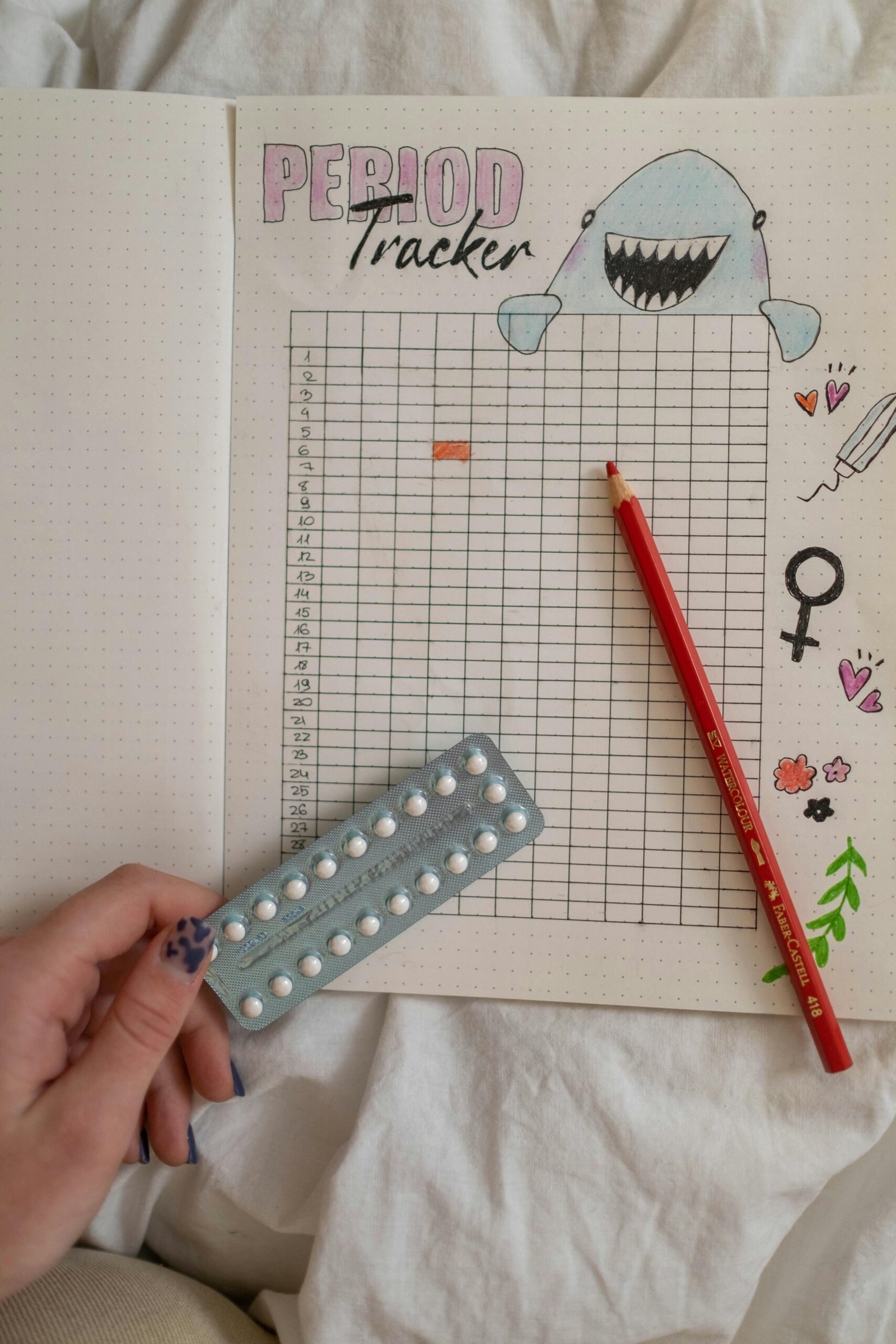Creative period tracker notebook with a hand holding birth control pills.